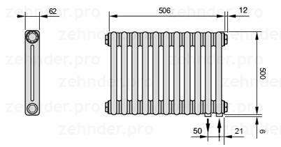 Схема (чертеж) Радиатор Zehnder Charleston 2050/11 №5510 Белый глянцевый RAL 9016